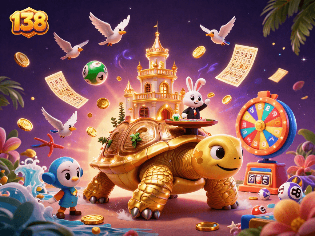 Experience the vibrant 138 casino scene with a tortoise palace, rabbit dealer, and lively lottery elements.