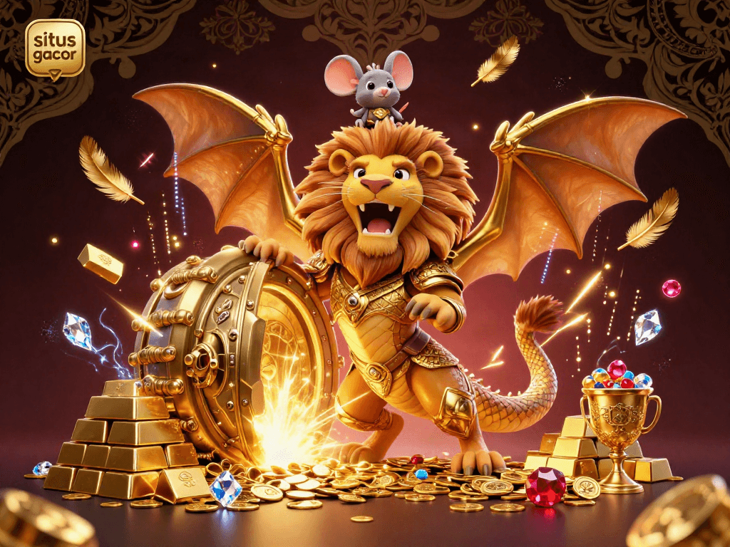 Experience the thrill of situs gacor with this vibrant 3D casino illustration showcasing gold treasures and mythical creatures.