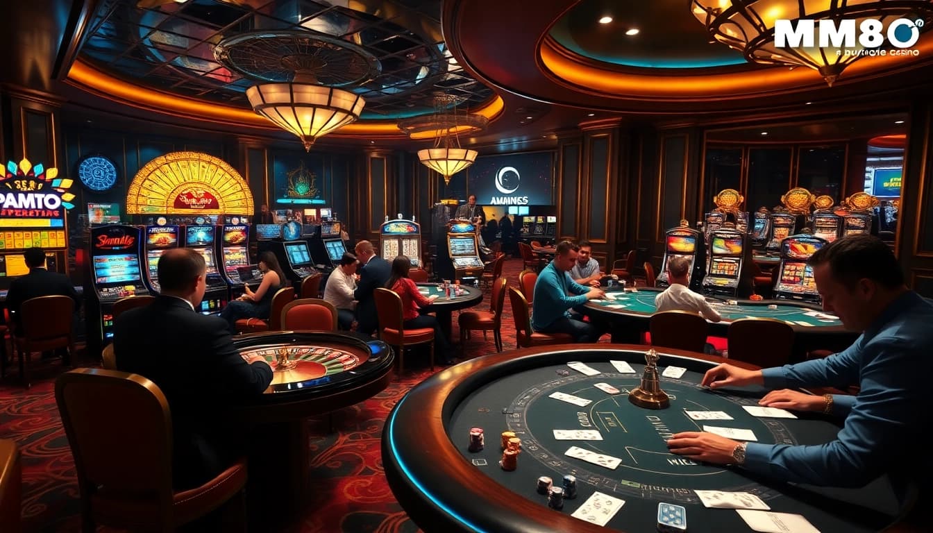 Engage in thrilling games at https://mm88.fun/ casino, showcasing vibrant tables and excited players.