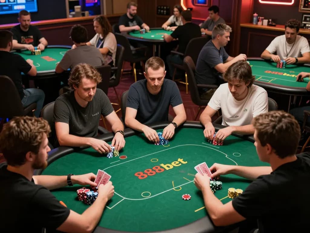 Engaged players enjoying a competitive poker tournament at 388bet, showcasing strategic gameplay and vibrant atmosphere