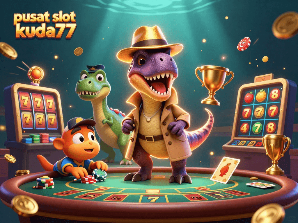 Temukan keseruan di pusat slot kuda77 dengan ilustrasi kartun kasino yang penuh aksi.
