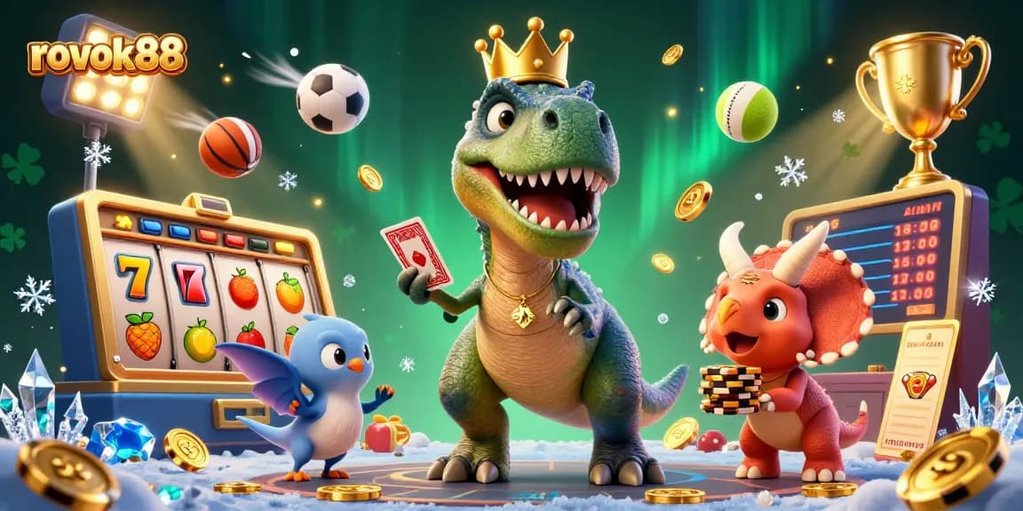 Engage with rokok88 as a friendly T-Rex shuffles cards and a triceratops stacks chips in a vibrant casino scene.