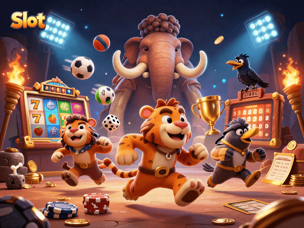 Engage in thrilling Slot gaming with our 3D caveman and sabertooth tiger duo.