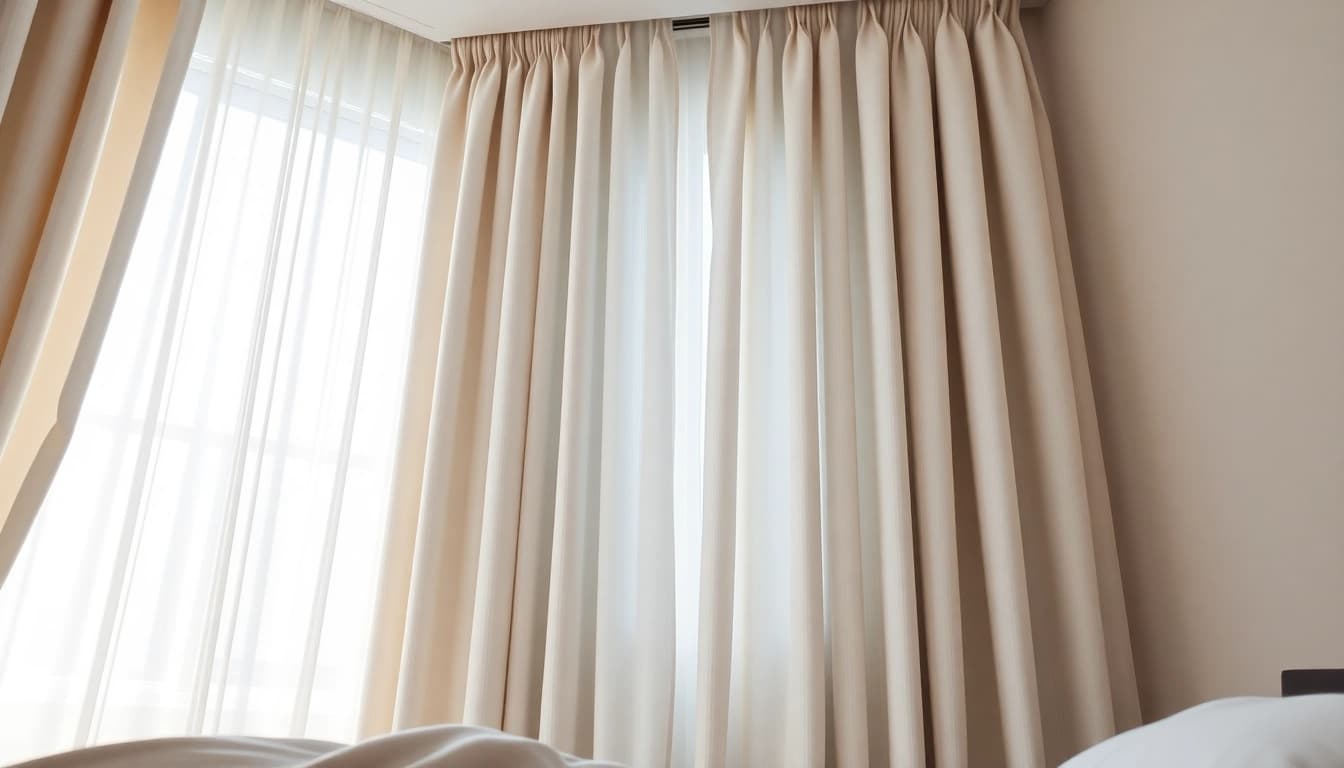 Verduisterende gordijnen creëren een rustige en serene slaapkamer omgeving.