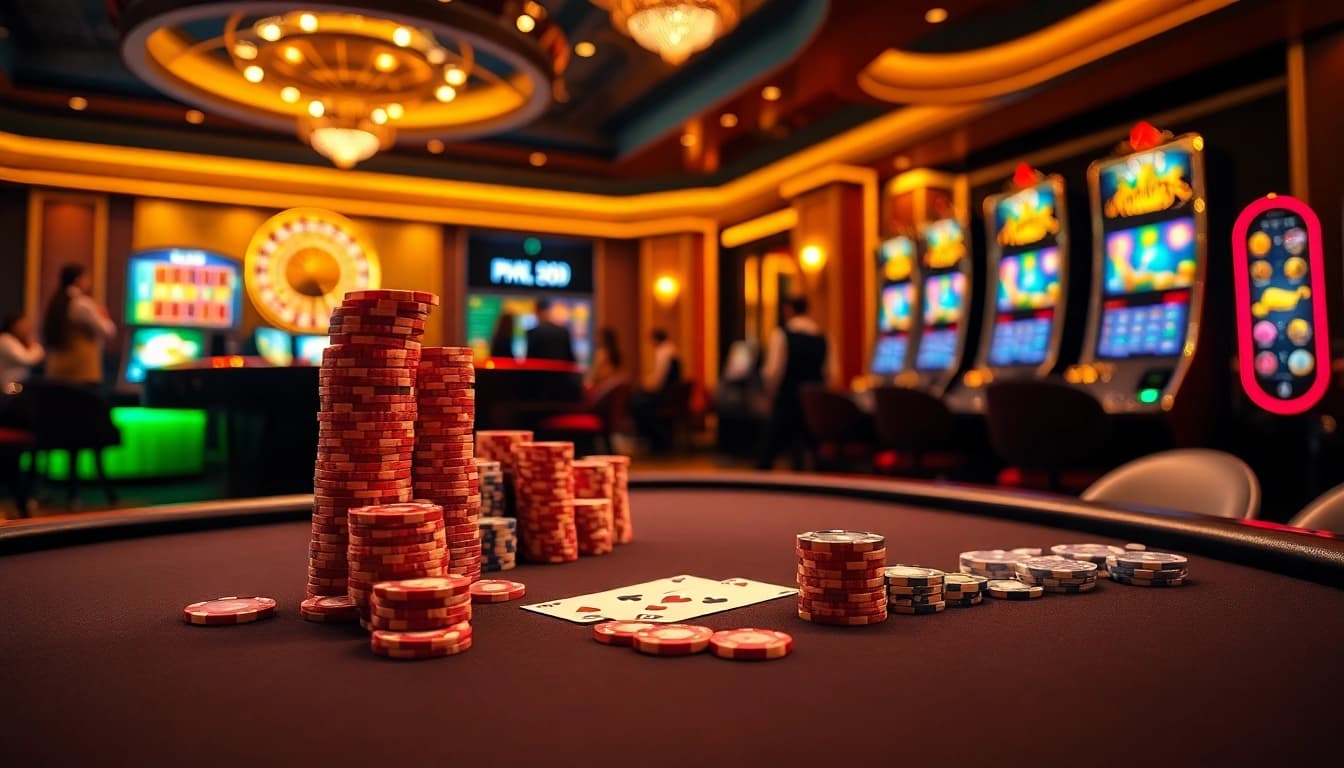 Experience vibrant gaming action at https://mm88.br.com/ showcasing poker, roulette, and slot machines in an elegant casino.