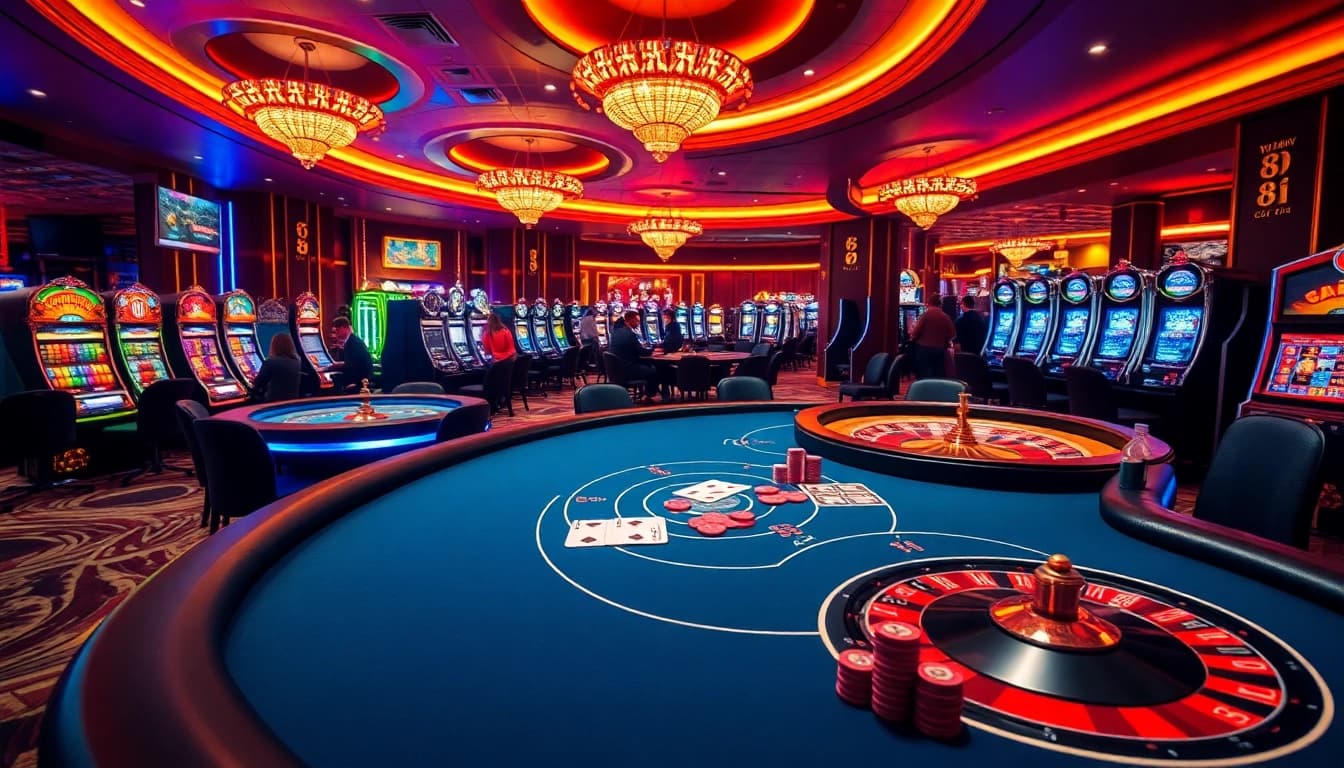 Exciting casino scene showcasing 88i-themed tables with poker chips and cards.