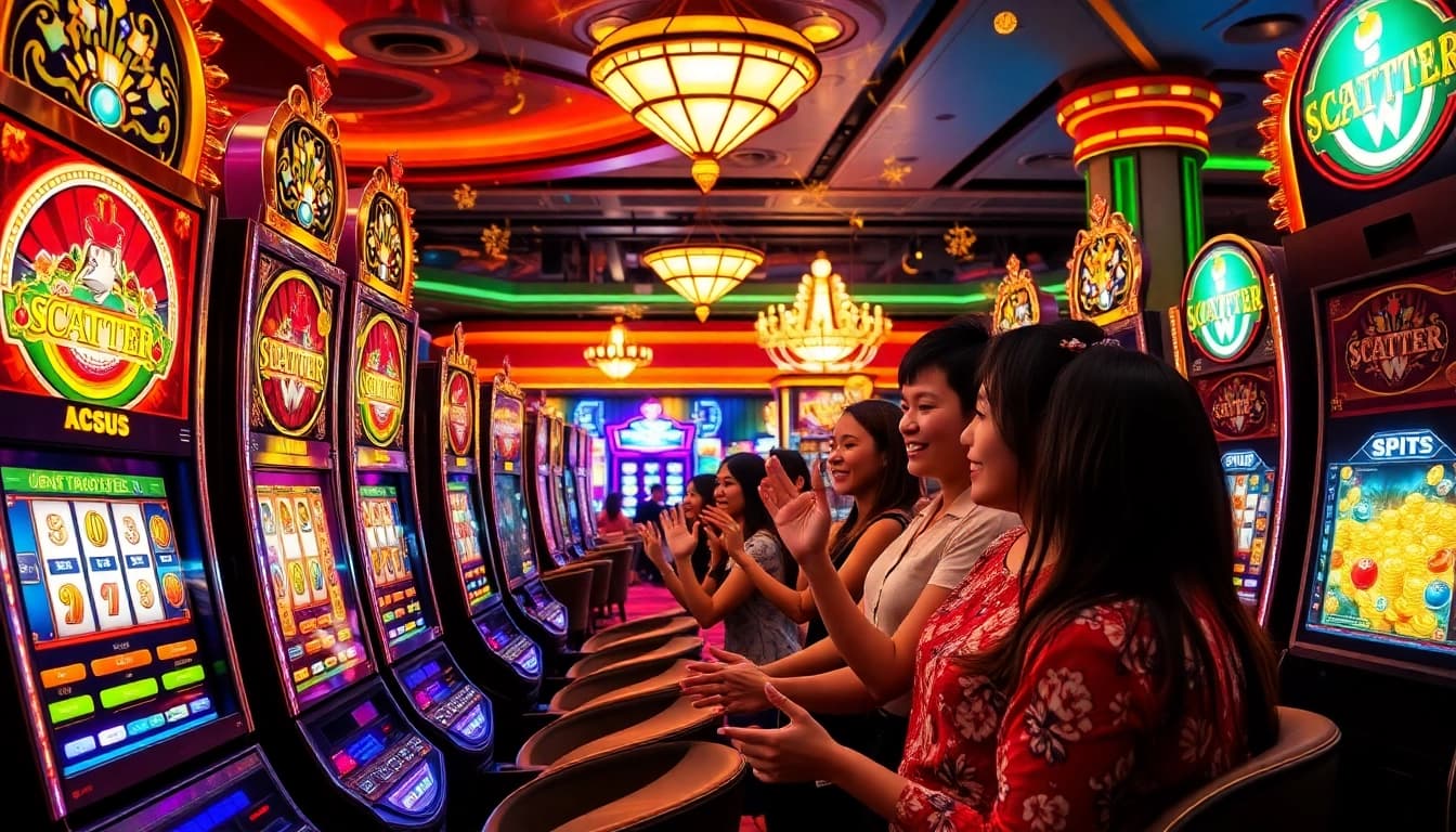 Playing slot demo scatter hitam in a luxurious casino with vibrant lights and excitement.