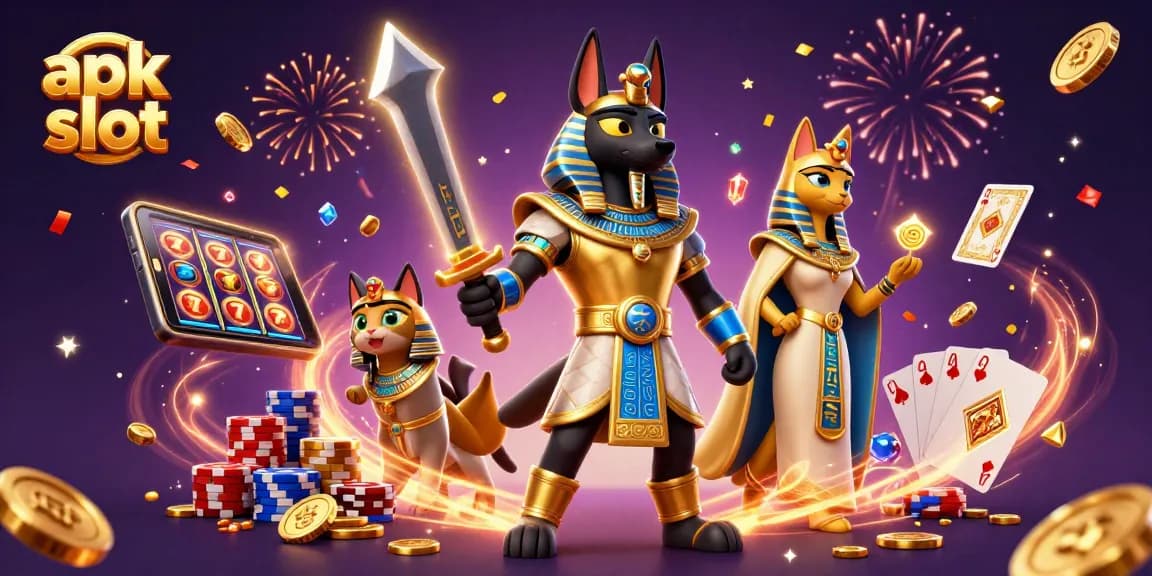 Spin to win in the apk slot with Anubis and Bastet amidst cascading gold coins and colorful chips.