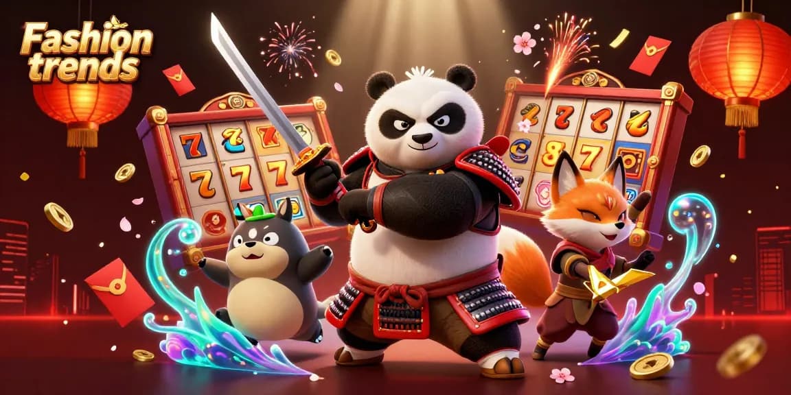 Action-packed illustration of Fashion trends in gambling, featuring a panda samurai, ninja fox, and mythical tanuki.