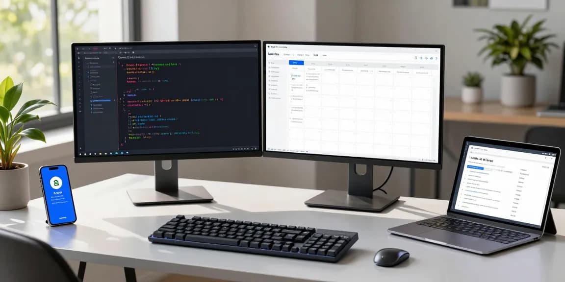 Developer utilizing open claw AI assistant on dual monitors in a modern workspace