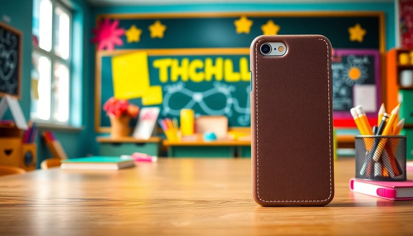 Handytasche Lehrer im Klassenzimmer für eine attraktive Präsentation, die Bildungsthemen betont.