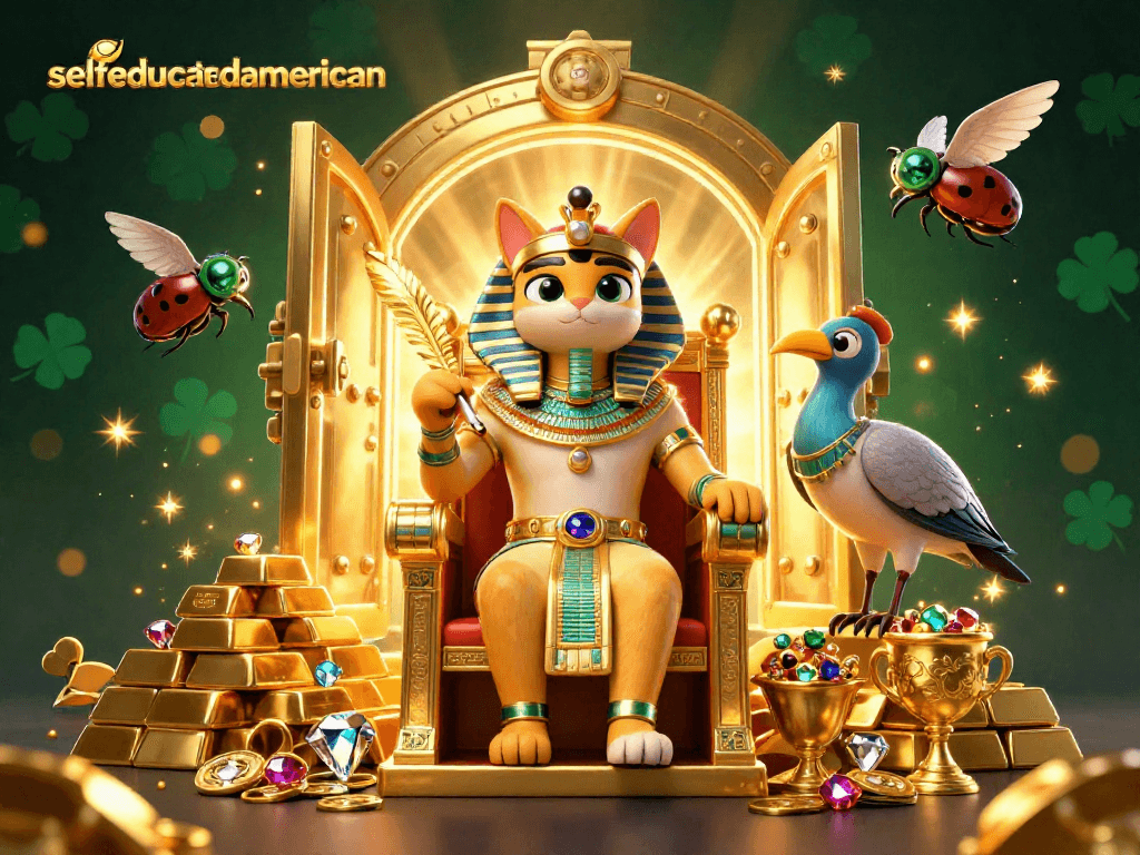 Engage with selfeducatedamerican's captivating 3D casino scene featuring Egyptian characters in a dynamic treasure setting.