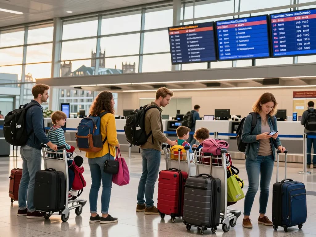 Travelers preparing for their journey from Halifax to Edinburgh Airport, showcasing vibrant airport atmosphere and excitement.