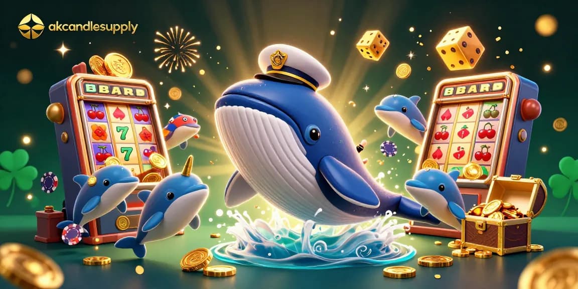 Aksi bermain slot atas nama akcandlesupply dengan ikan paus kartun 3D, narwhal, dan lumba-lumba yang berinteraksi dalam arus uang koin.