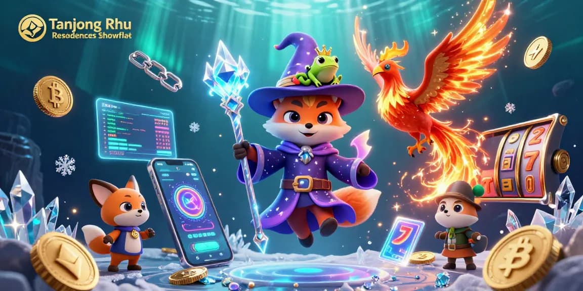 Tanjong Rhu Residences Showflat showcases a magical scene with a wizard fox, phoenix, and slot reels, igniting excitement.