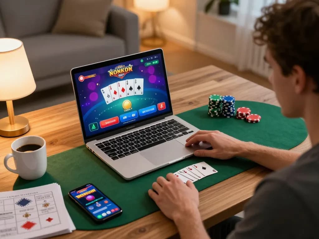 Engaging scene of a player using 888top for online poker, showcasing strategy notes and cozy environment.