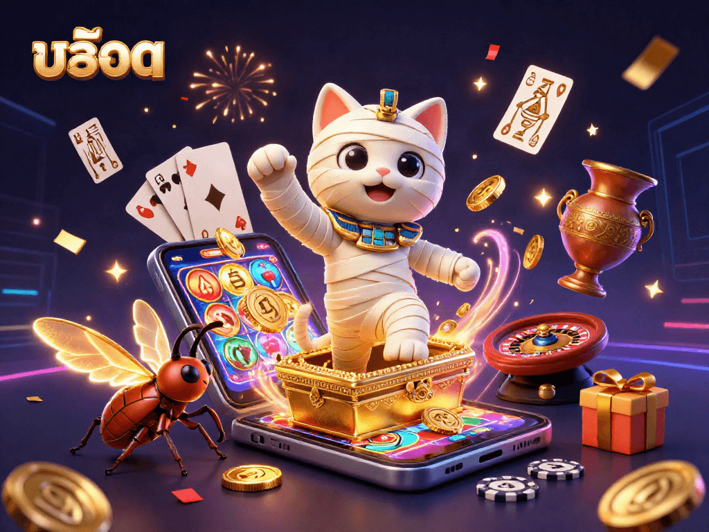 Engage in สล็อต excitement with a mummy cat and scarab beetle in a vibrant casino scene.