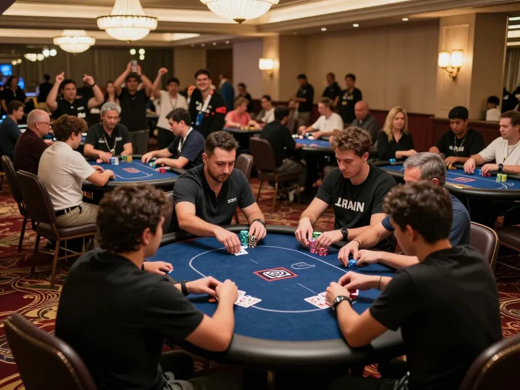 Players strategizing at 8kbet poker tables in a luxurious casino environment.