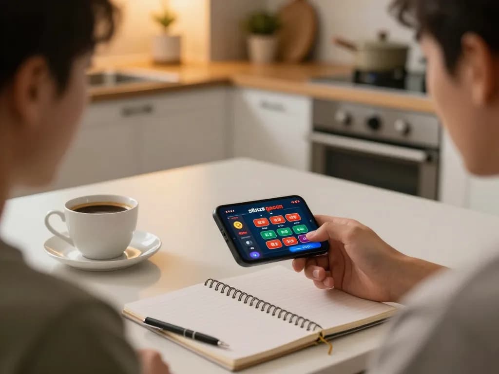 Engaging with a situs gacor through a mobile app while analyzing betting strategies at home.