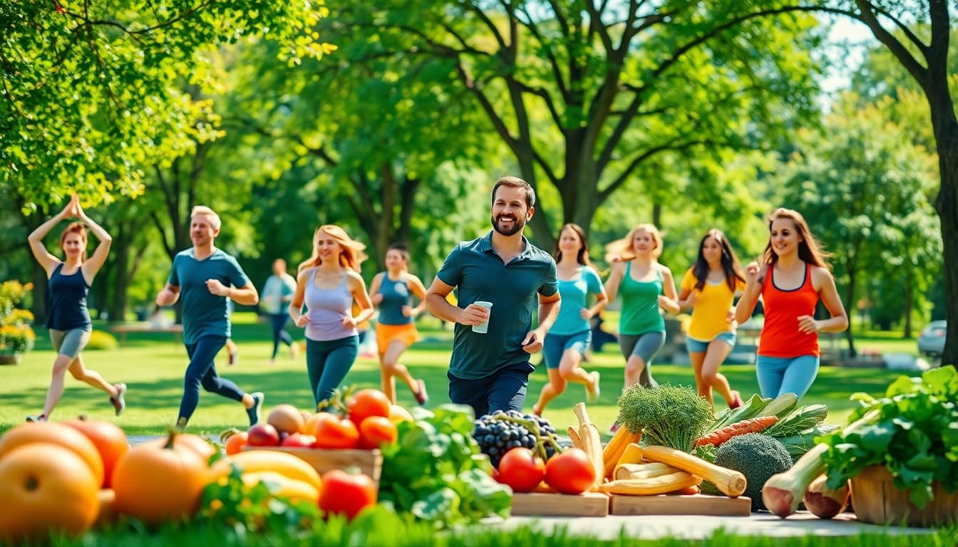 Embrace health through active living in a vibrant park setting, featuring diverse individuals engaged in wellness activities.