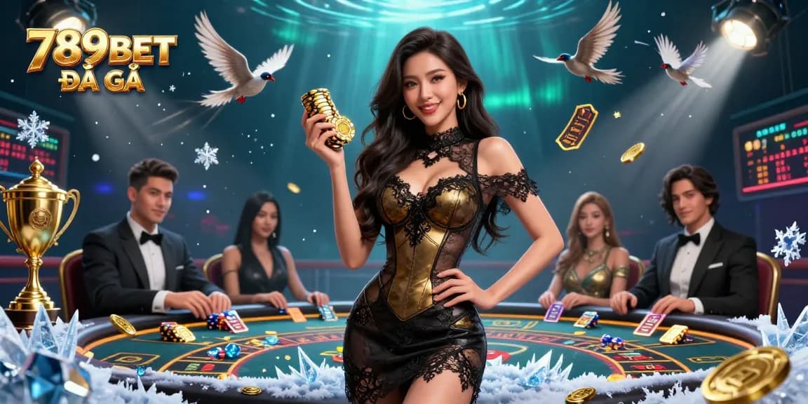 Watch exciting action at 789BET ĐÁ GÀ with a stunning Asian woman at a VIP cockfighting arena.