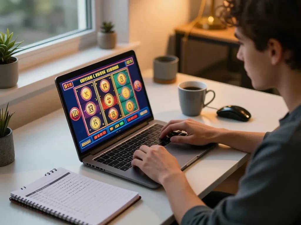 Situs slot bet 200 showcased on a laptop screen as a player engages in online slot gaming at home, casual setting with betting strategy notes.