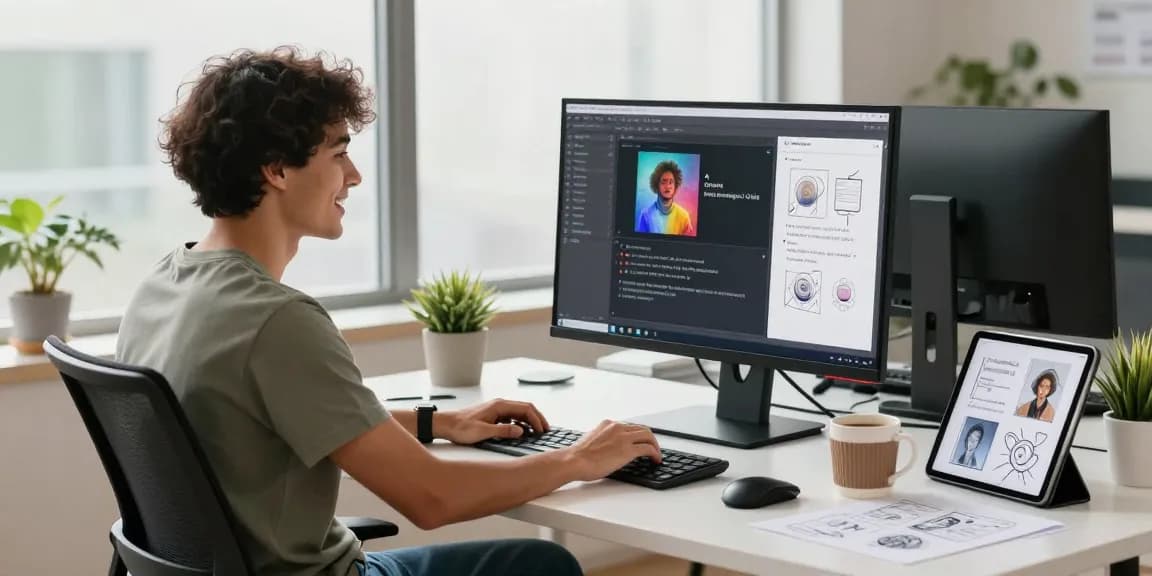 AI prompt image generation in a dynamic workspace with a young professional engaging with technology.