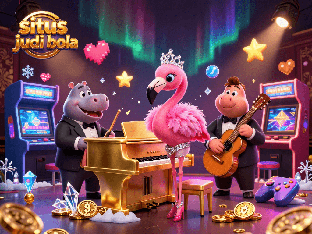Join the excitement of situs judi bola with vibrant characters in a lively casino scene featuring a singing flamingo.