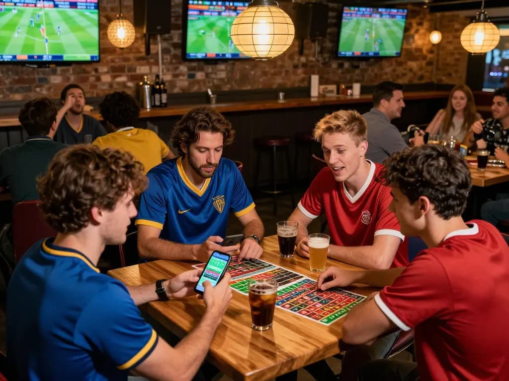 Siti scommesse bonus offered on an exciting sports betting night at a bar with friends, showcasing active betting and lively atmosphere.