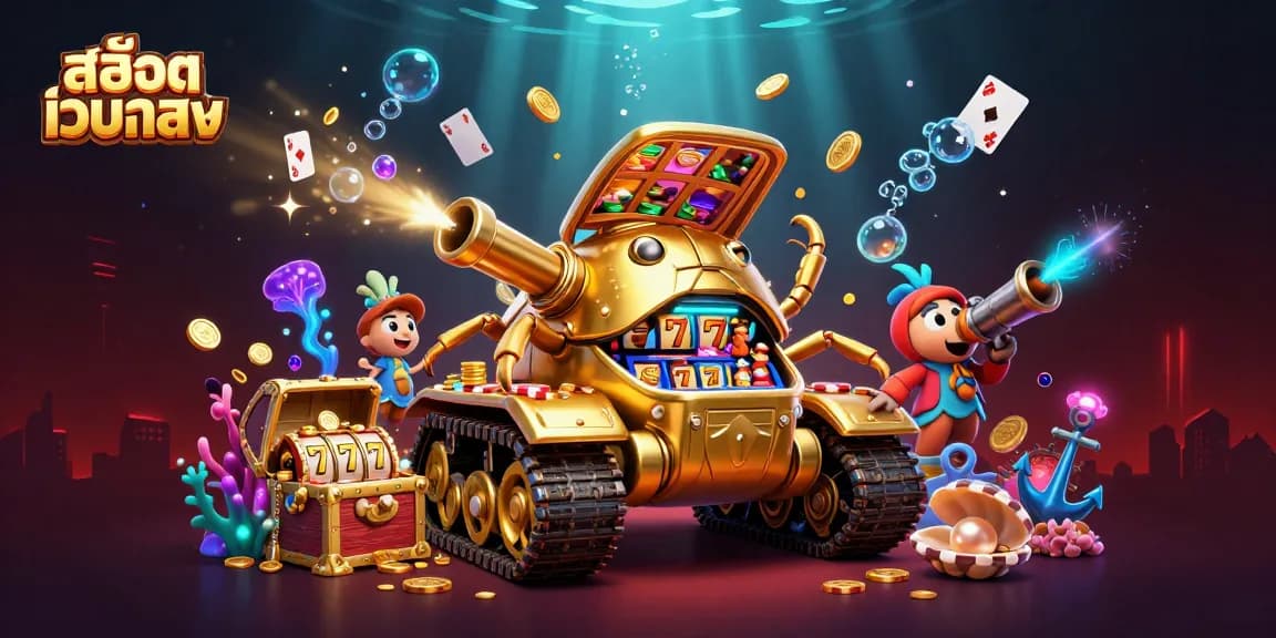 Experience the excitement of สล็อตเว็บตรง with a vibrant 3D casino scene featuring a beetle tank and slot reels.