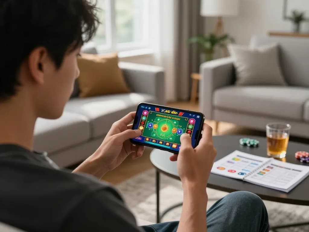 Xóc đĩa player engaging in online gaming on their smartphone in a cozy home setting