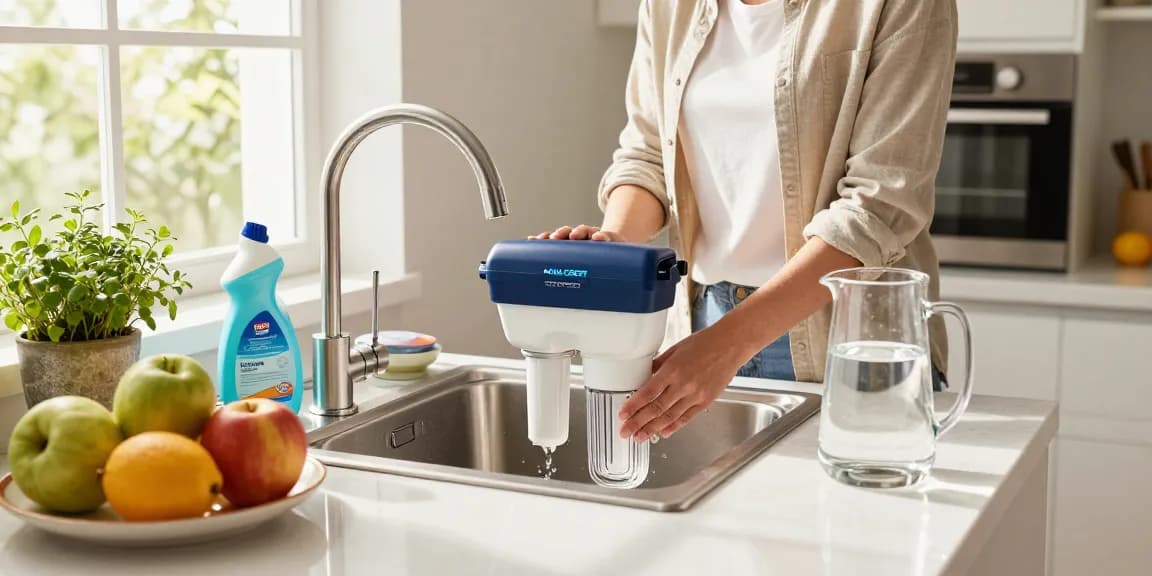 Installing AQUA CREST Multiple-Stage Water Filters in a bright kitchen, emphasizing clean water benefits.