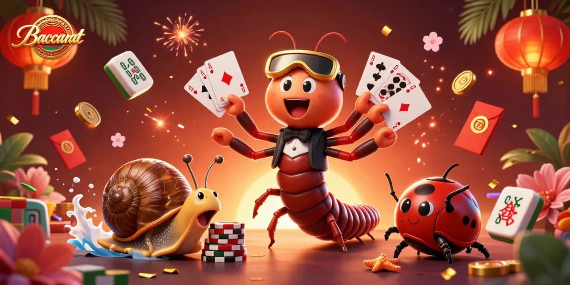 Baccarat game scene with an animated millipede dealer, snail high-roller, and pill bug in action.