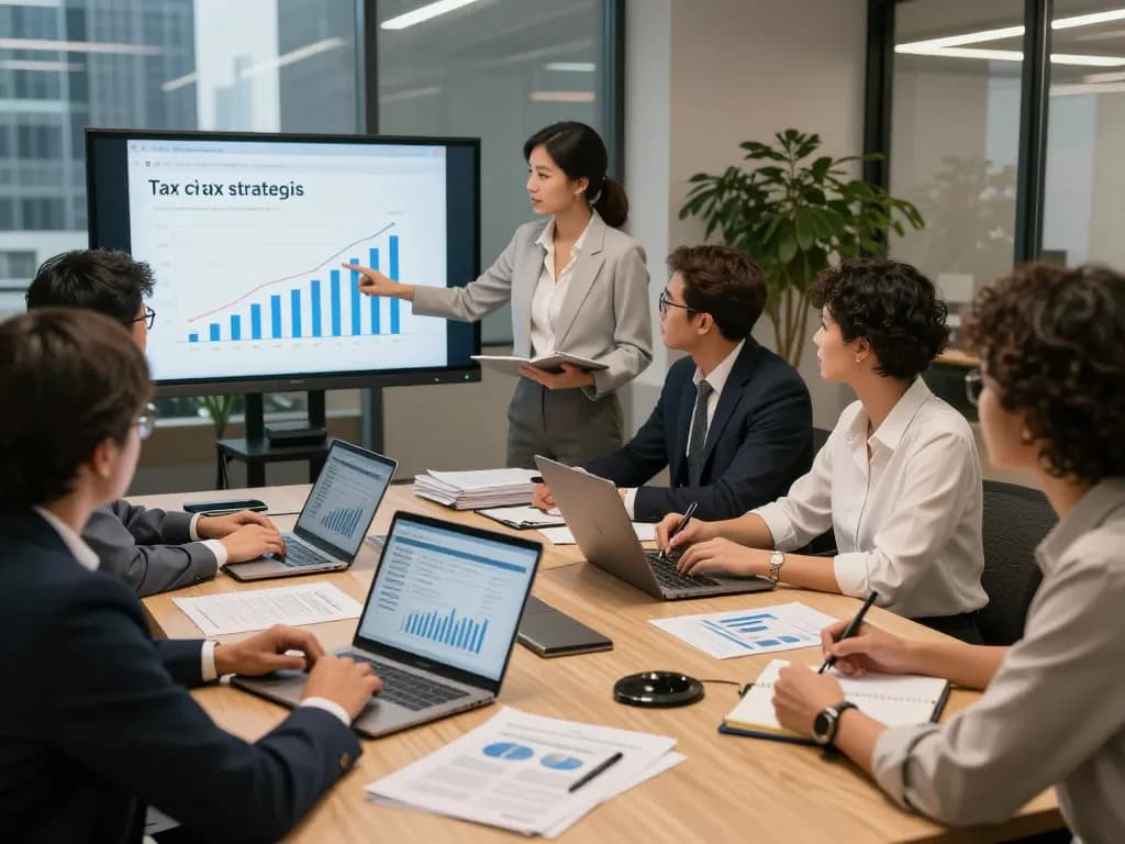 A cool way to improve financial strategies with a team of chartered accountants collaborating in a modern office.