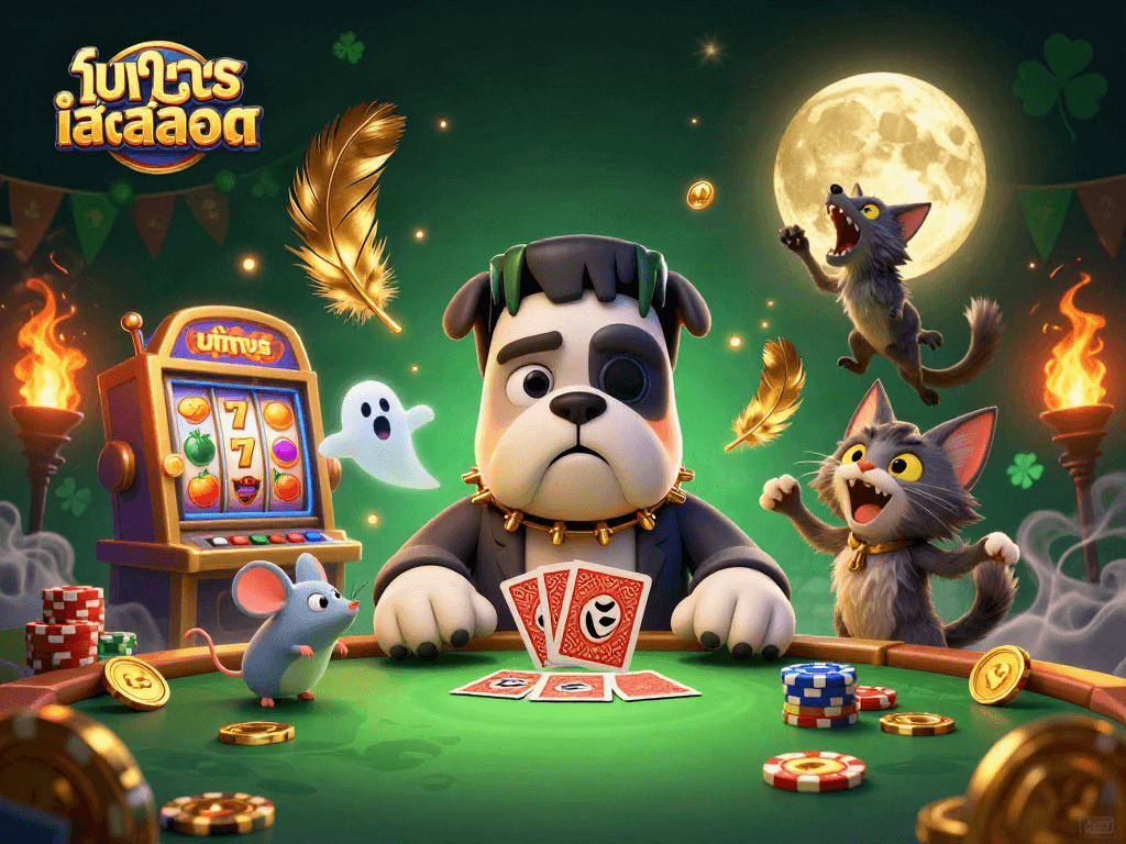 Play slots with ทดลองเล่นสล็อต in a spooky scene featuring a Frankenstein bulldog, ghost mouse, and werewolf kitten.