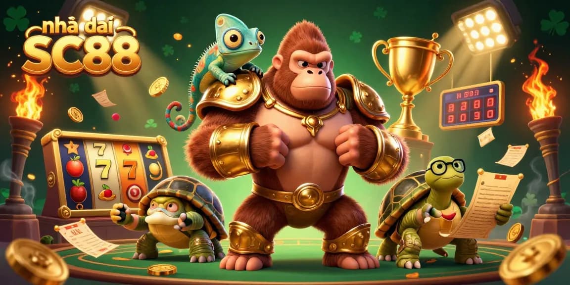 Engage with the rich offerings of Nhà cái SC88 as a powerful gorilla king leads a vibrant casino scene.