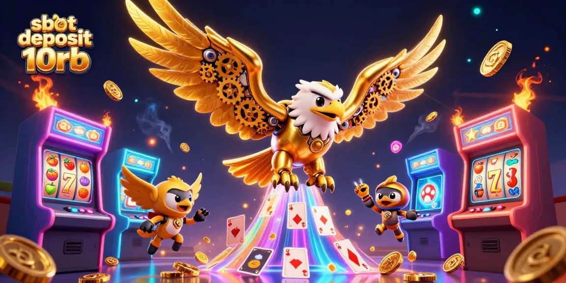 Engage in slot deposit 10rb with a dazzling 3D illustration featuring a cybernetic eagle amid vibrant casino elements.
