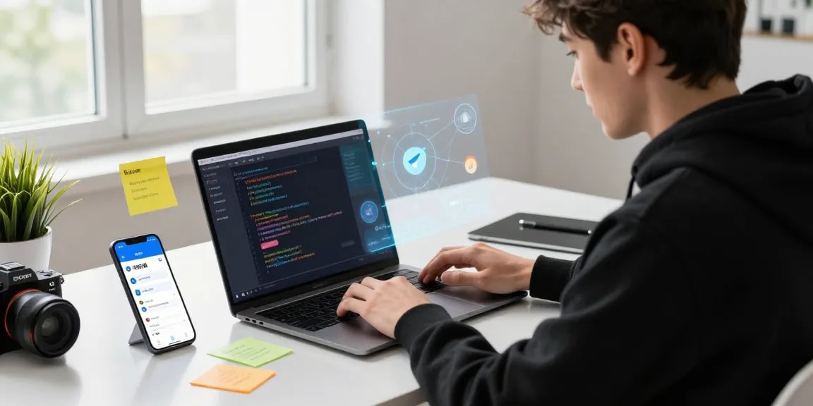 Developer configuring telegram中文 language settings on sleek laptop in a bright modern workspace.