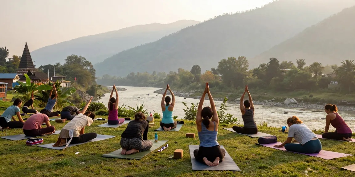 Yoga teacher training in Rishikesh India with students practicing yoga at dawn by the Ganges River, surrounded by lush mountains.