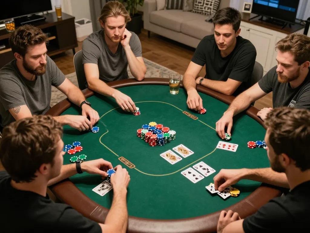 Players enjoy a Texas Hold'em game during a home poker night, embodying the spirit of F8beta2 ink.