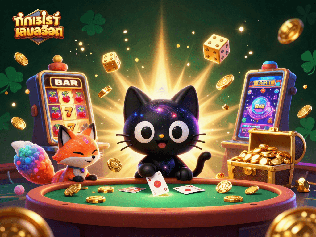 Engage with ทดลองเล่นสล็อต in a vibrant cosmic casino with animated characters and thrilling game elements.