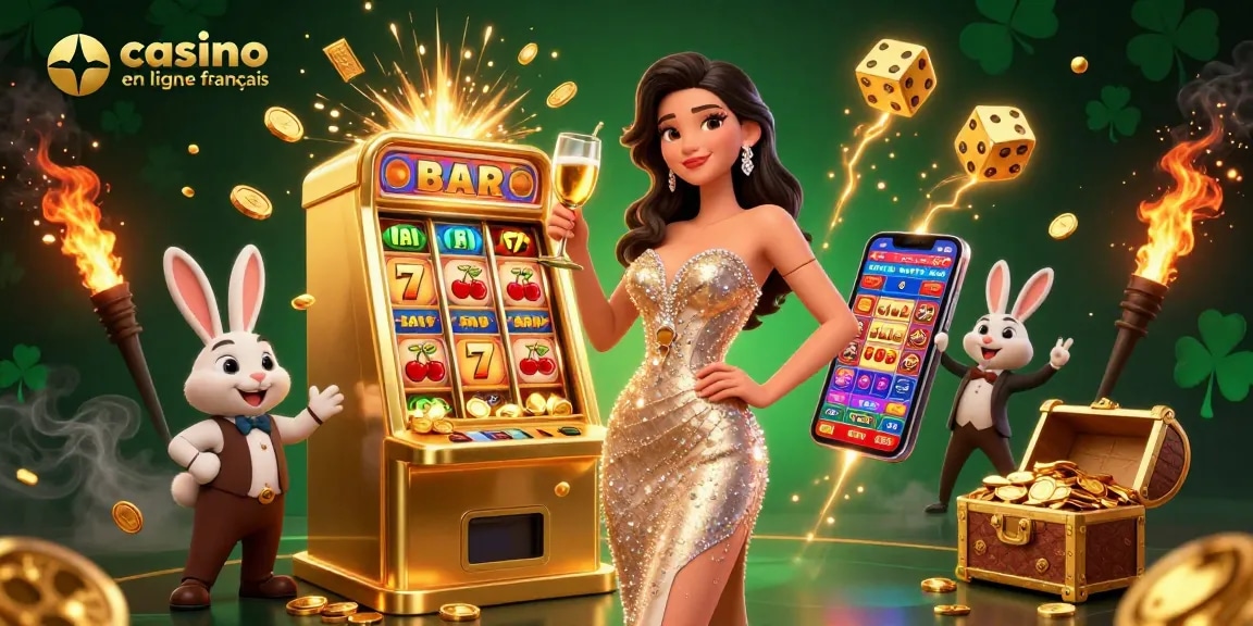 Vivez les gains dans un casino en ligne français avec une femme glamour levant son verre à côté d'une machine à sous jackpot.