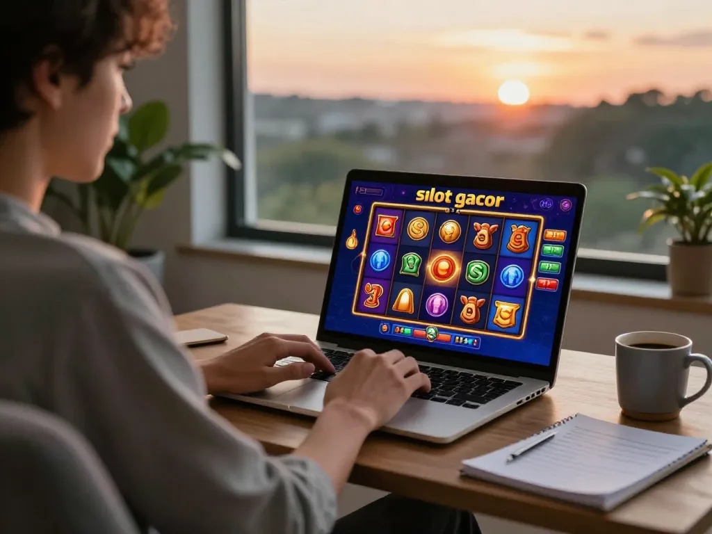 Engaging with situs slot gacor on laptop, enjoying colorful slot game interface at home.