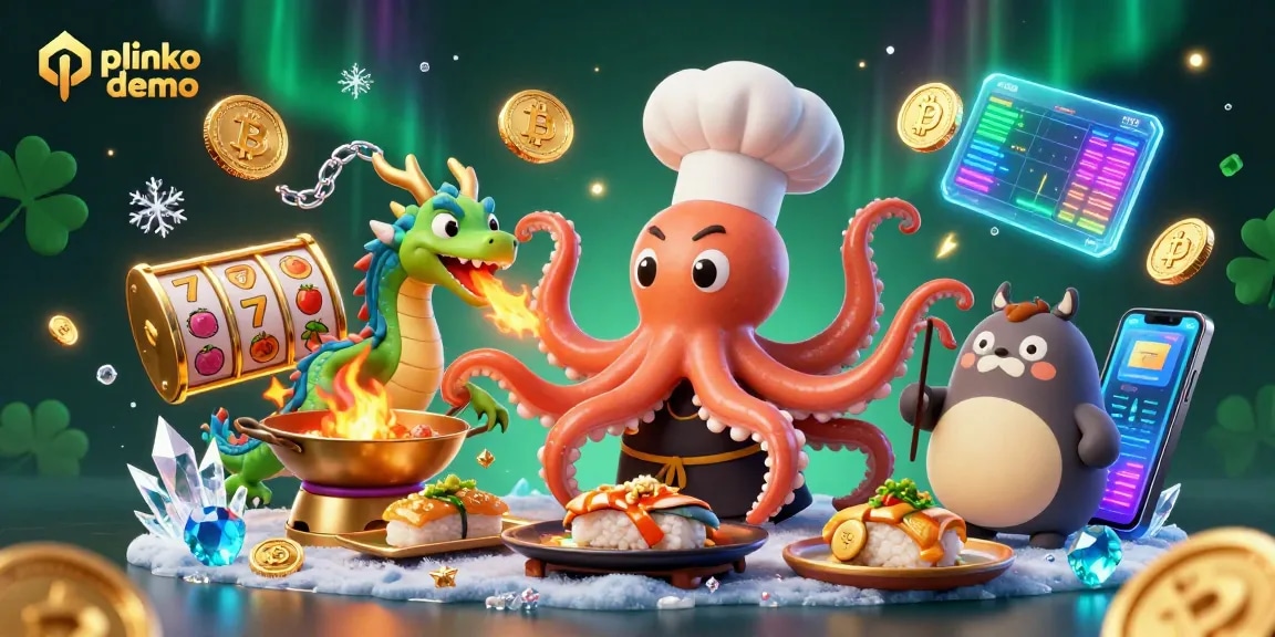 Engage with the plinko demo as a sushi chef octopus presents golden dishes, complemented by crypto elements.