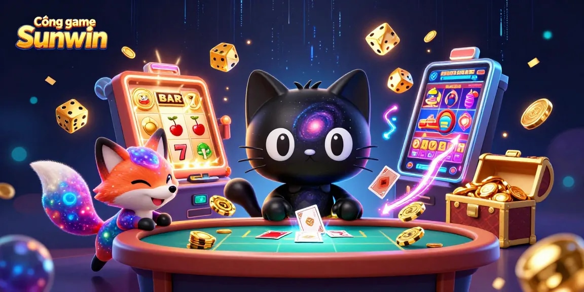 Cổng game Sunwin showcases a dynamic casino scene with a charismatic black hole cat and vibrant nebula fox amidst exploding jackpots.