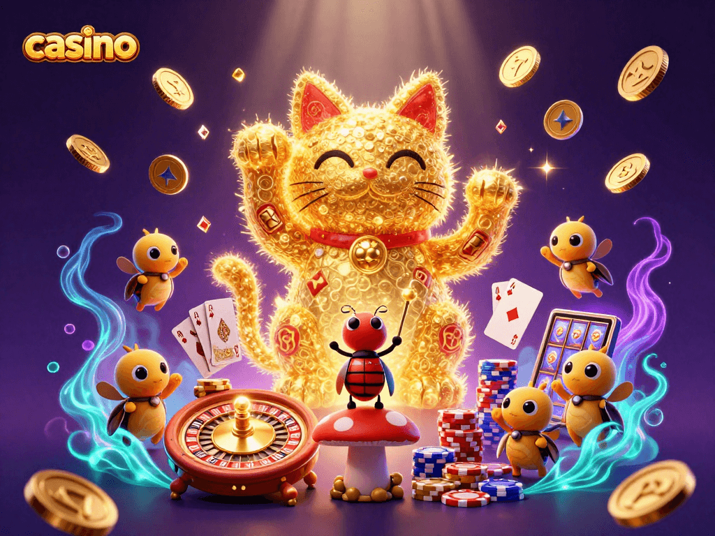 Experience the vibrant casino atmosphere with a golden lucky cat and dynamic gaming elements around it.