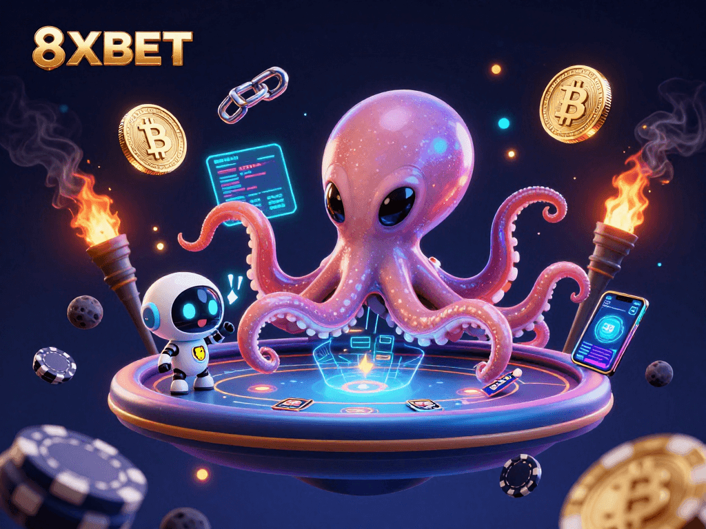Experience thrilling gaming action with 8XBET's cosmic poker table and digital currencies.