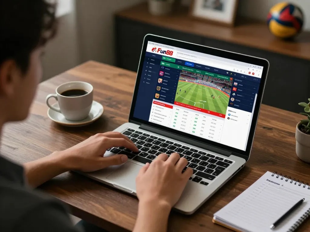 Engaging in online sports betting on Fun88 com with live odds displayed on laptop, showcasing an immersive gaming environment.