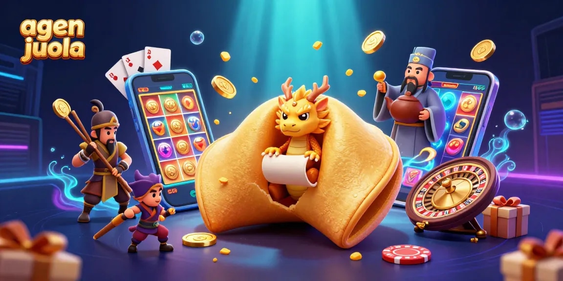 Enjoy exciting agen judi bola strategies with a vibrant 3D casino scene showcasing fortune cookie characters and gaming elements.