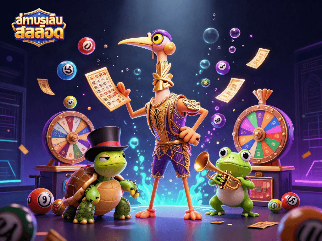 Experience ทดลองเล่นสล็อต with vibrant characters and dynamic casino elements in an engaging 3D illustration.